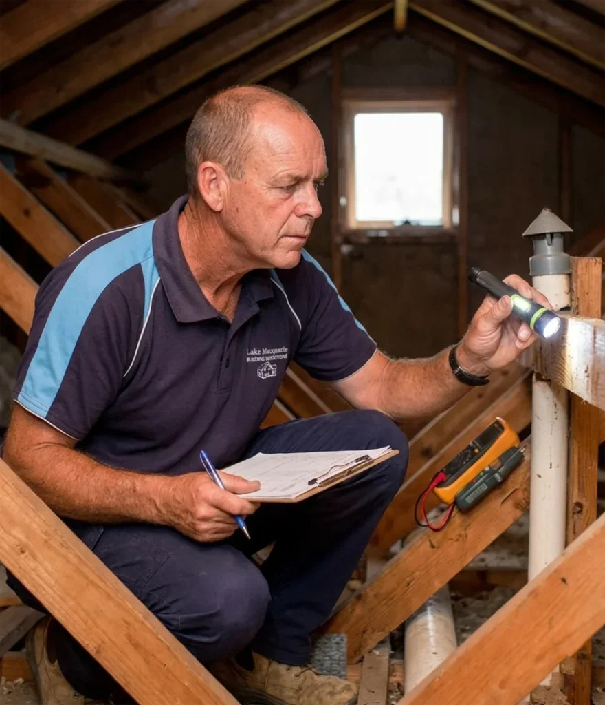 A male building inspector holding a clipboard crouches in a dimly lit attic space.
